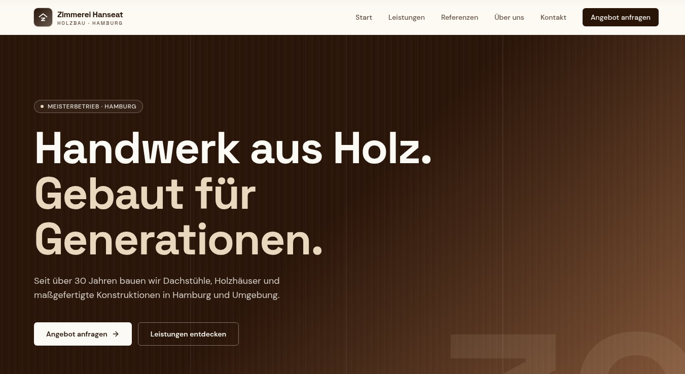 Vorschau der Beispiel-Website Zimmerei Hanseat: Headline, CTA-Buttons und Trust-Bar